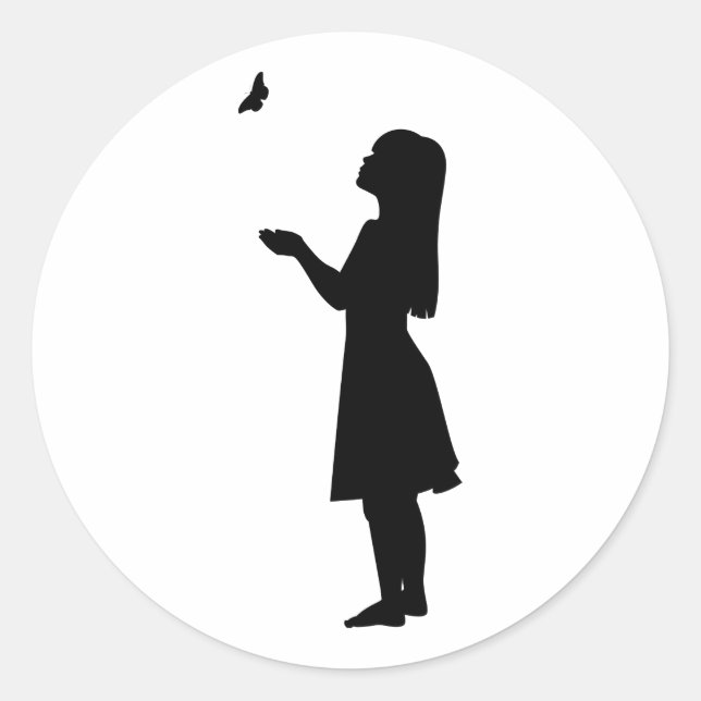Sticker Rond Petite Fille Et Papillon Silhouette Enfant Nature (Devant)