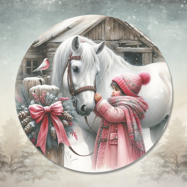 Sticker Rond Petite fille et son cheval Noël rustique (Créateur téléchargé)