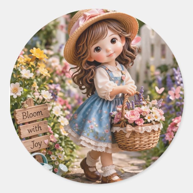 Sticker Rond Petite fille et son jardin de fleurs (Devant)