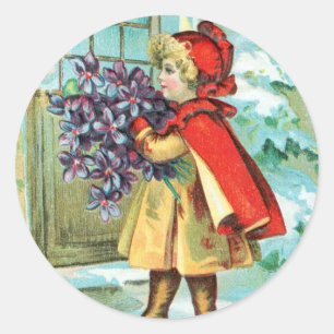 Sticker Rond Petite fille et violettes de Noël vintage