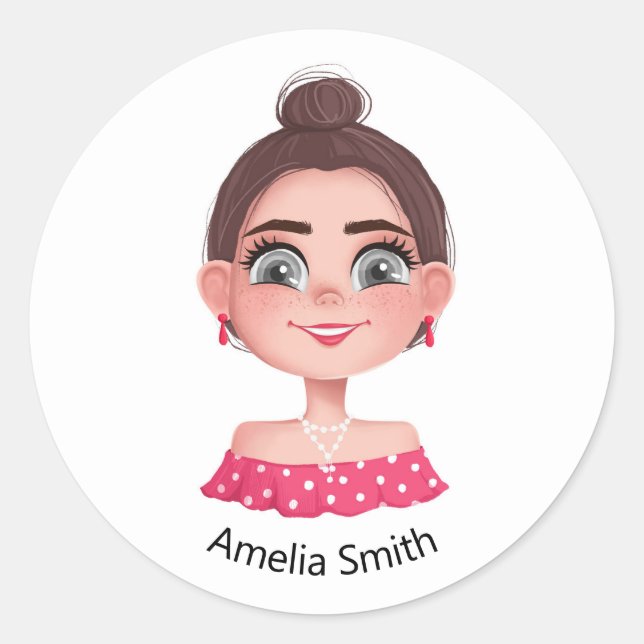 Sticker Rond petite fille mignonne aux grands yeux (Devant)