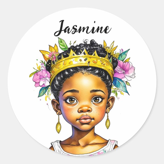 Sticker Rond Petite fille personnalisée Princesse de couleur (Devant)