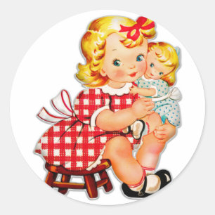 Sticker Rond Petite fille rétro vintage poupée enfant