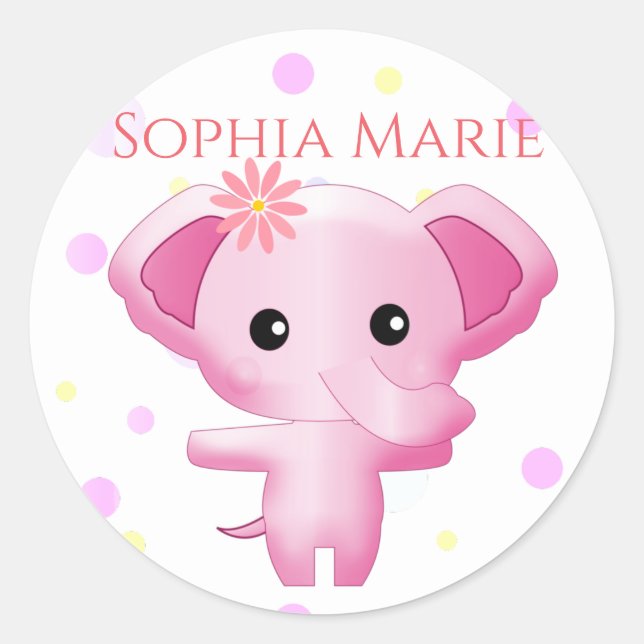 Sticker Rond Petite fille rose adorable Eléphant (Devant)
