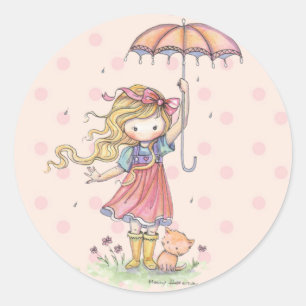 Sticker Rond Petite fille Whimsical et chaton sous la pluie