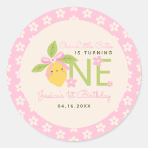 Sticker Rond Petite Fruiteuse Citron Rose Fête de 1er Anniversa
