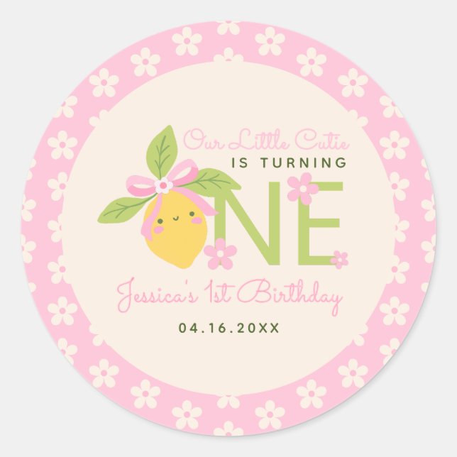 Sticker Rond Petite Fruiteuse Citron Rose Fête de 1er Anniversa (Devant)