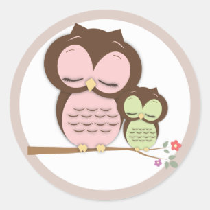 Sticker Rond Petite maman et chouette de bébé dans une branch