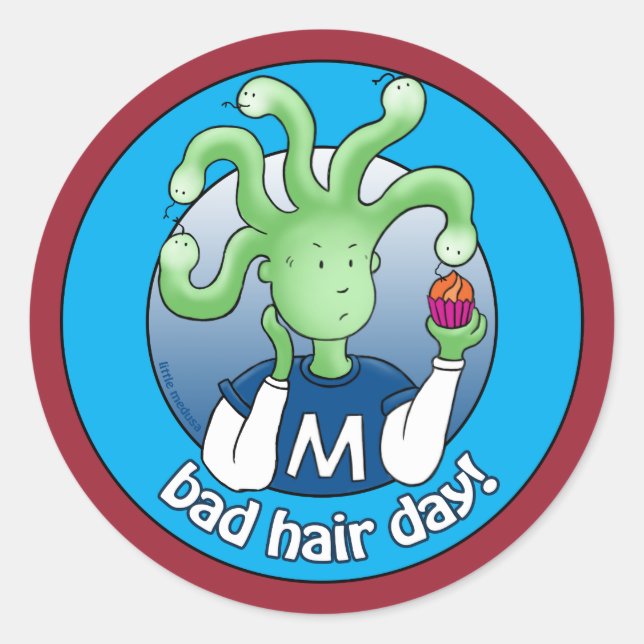 Sticker Rond Petite Méduse, Mauvaise Journée Des Cheveux ! (Devant)