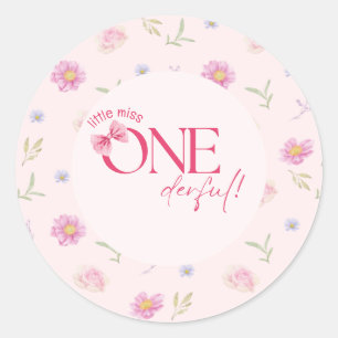 Sticker Rond Petite miss fleurie Pink Bow Onederful 1er anniver