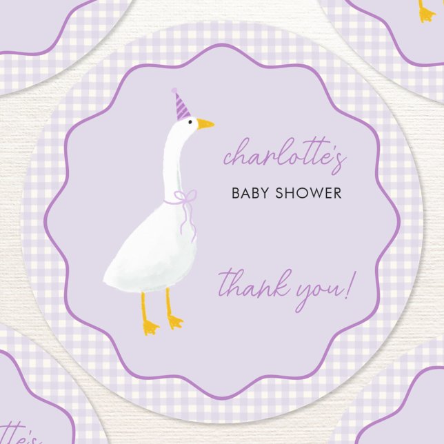 Sticker Rond Petite Oie En vichy Merci Baby shower (Little Goose geese themed baby shower thankyou personalized sticker in pastel lilac with gingham )