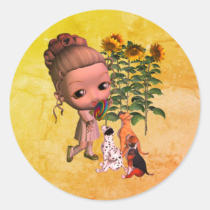 Sticker Rond Petite Petite Fille Et Marionnettes