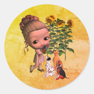 Sticker Rond Petite Petite Fille Et Marionnettes