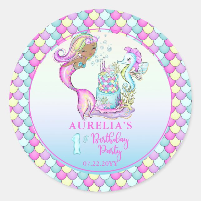 Sticker Rond Petite Sirène de Couleur - Fille 1er Anniversaire (Devant)
