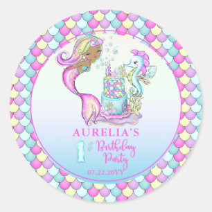 Sticker Rond Petite Sirène de Couleur - Fille 1er Anniversaire