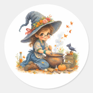 Sticker Rond Petite sorcière au chaudron magique