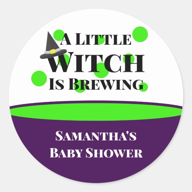 Sticker Rond Petite sorcière brasse le Baby shower d'Halloween (Devant)