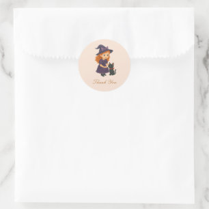 Sticker Rond Petite Sorcière & Chat Volant Baby Shower Hallow