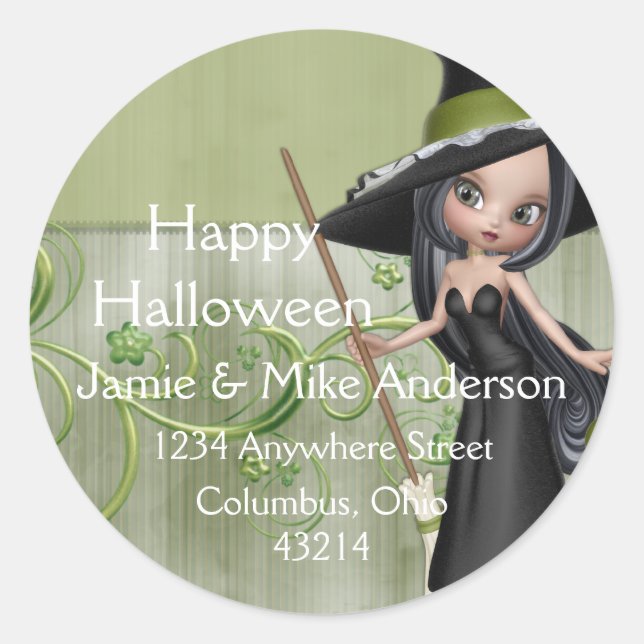 Sticker Rond Petite sorcière Halloween Automne Retour Adresse É (Devant)