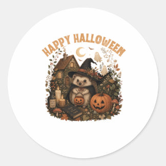 Sticker Rond Petite Sorcière Hérisson Joyeux Halloween Cottagec