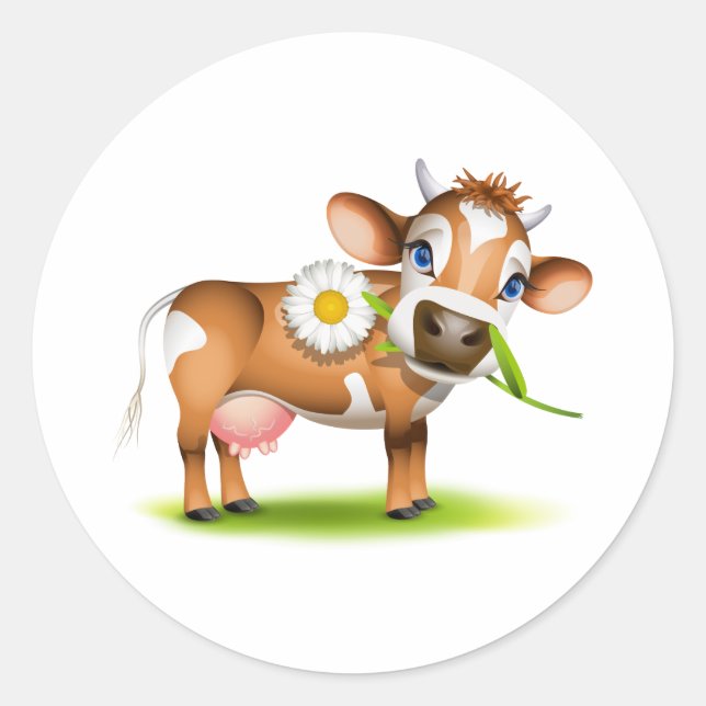 Sticker Rond Petite vache Jersey mangeant de la marguerite (Devant)