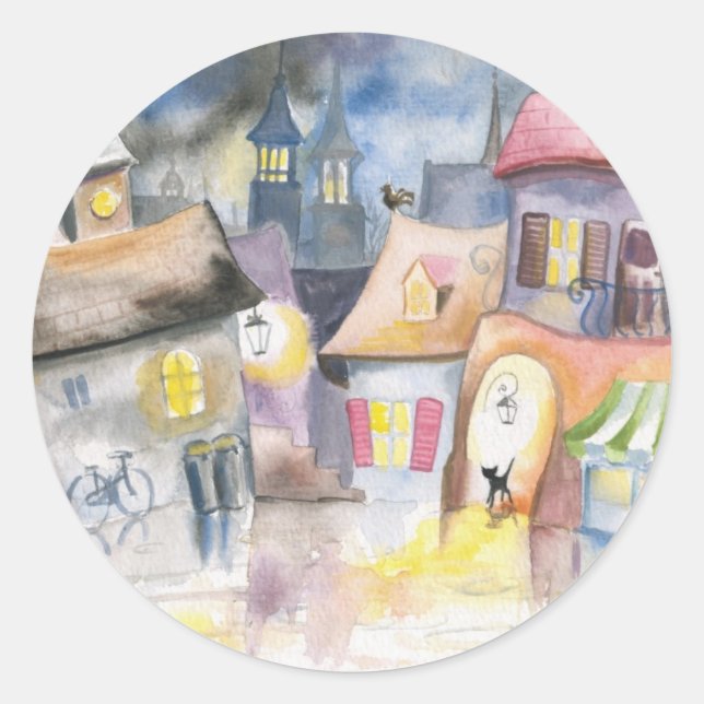 Sticker Rond Petite ville la nuit (Devant)