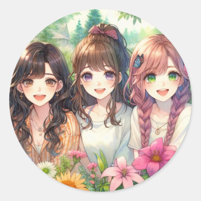 Sticker Rond Petites Filles Anime (Devant)