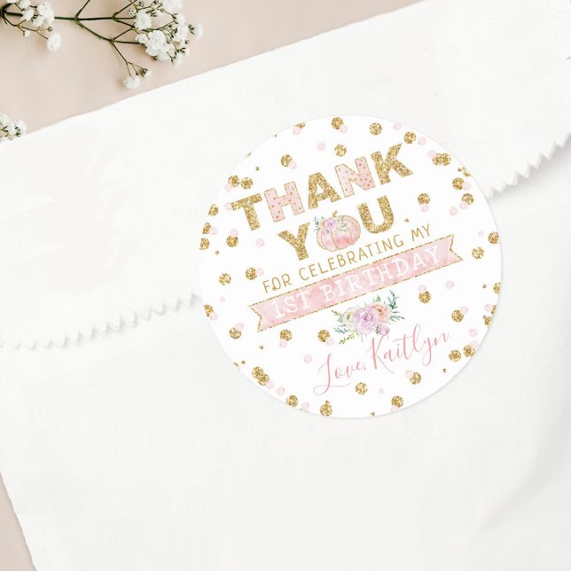 Sticker Rond Petites filles Citrouilles 1er anniversaire Merci (Créateur téléchargé)