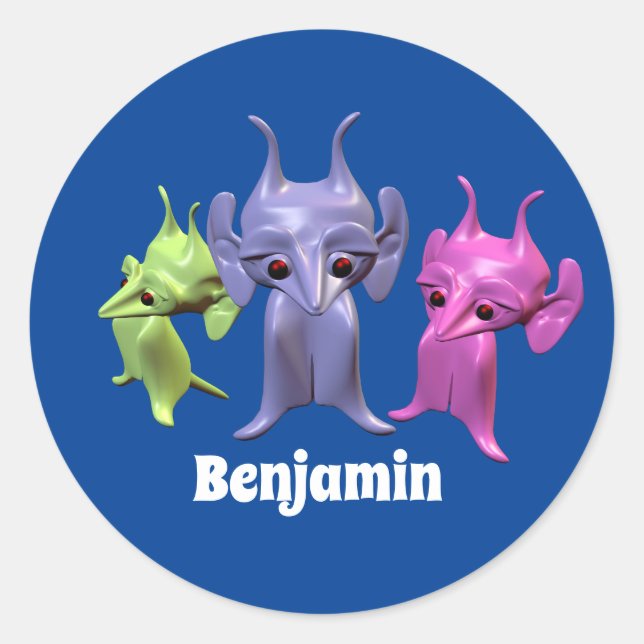 Sticker Rond Petits Martiens, personnalisés pour les enfants. (Devant)