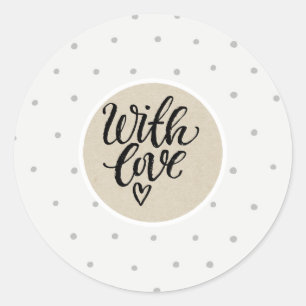 Sticker Rond Petits pois gris Kraft rustique blanc Avec amour C