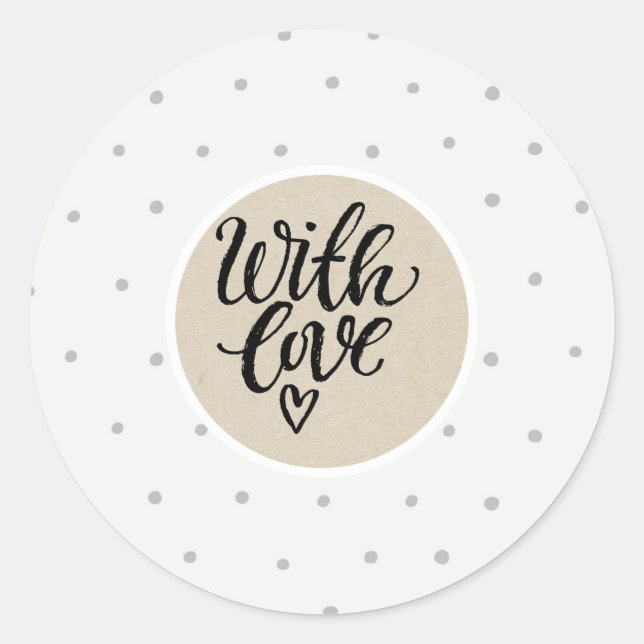 Sticker Rond Petits pois gris Kraft rustique blanc Avec amour C (Devant)