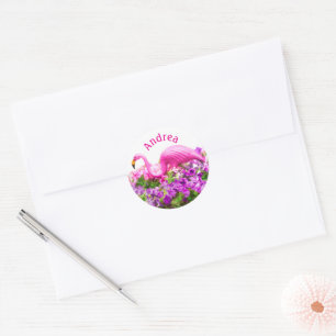 Sticker Rond Pétunia d'art de flamant rose Ajouter un texte per