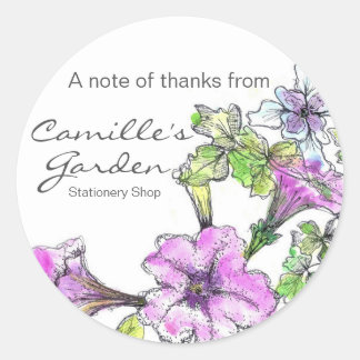 Sticker Rond Pétunias violet Aquarelle Fleurs Merci