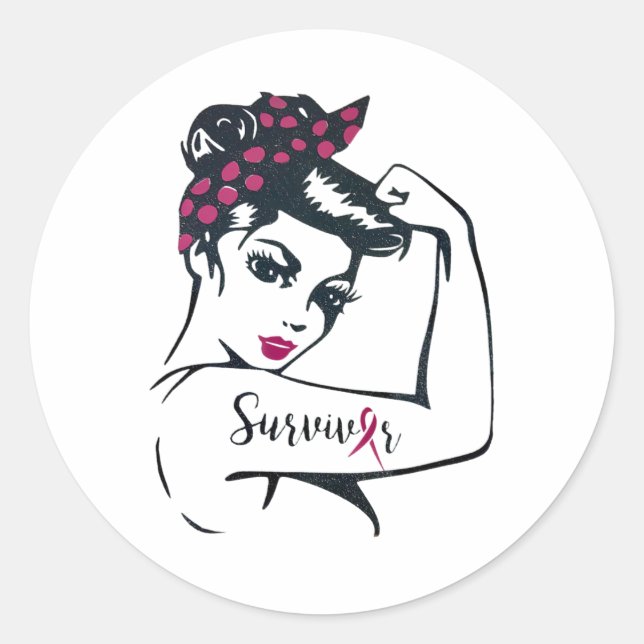 Sticker Rond Peut le guérir Rosie Riveter Cancer du sein Surviv (Devant)