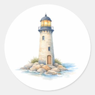 Sticker Rond Phare à l'aquarelle sur les rochers 