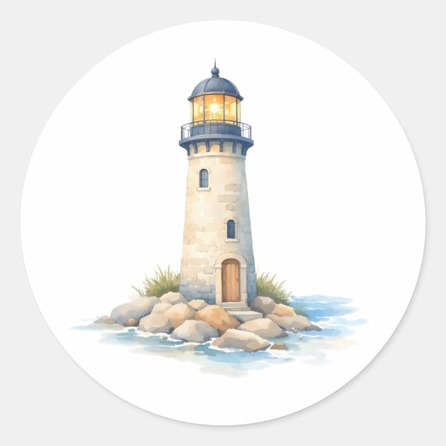 Sticker Rond Phare à l'aquarelle sur les rochers  (Devant)