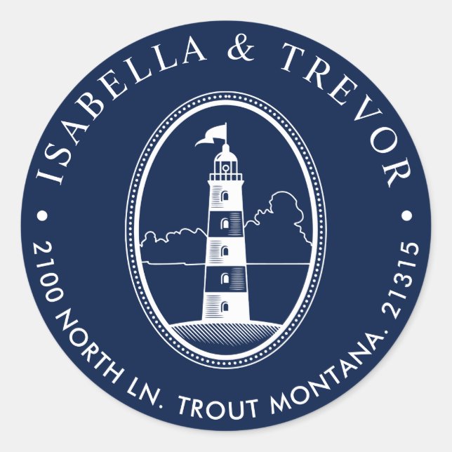 Sticker Rond Phare de Beach | Adresse de retour à thème nautiqu (Devant)