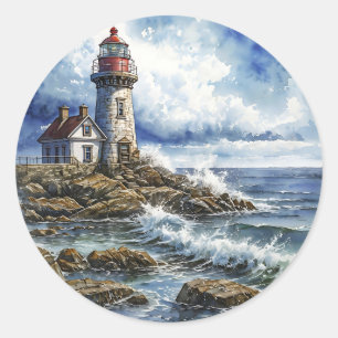 Sticker Rond Phare de Charme avec Vagues