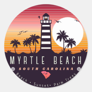 Sticker Rond Phare de Myrtle Beach SC Retro Sunset Souvenirs
