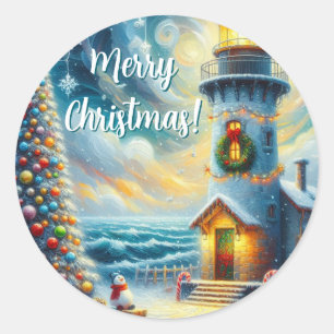 Sticker Rond Phare de Noël Arbre Nautique Bleu Côtier