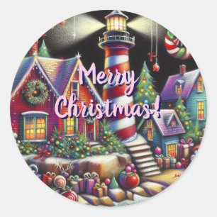 Sticker Rond Phare de Noël Whimsical Rouge rose violet