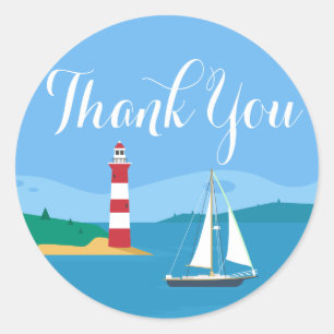 Sticker Rond Phare et voilier bleu Merci nautique