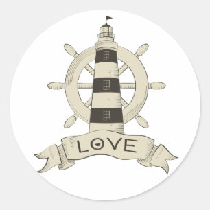 Sticker Rond Phare Taupe Nautical & Ancre de Bateau Amour de Ma