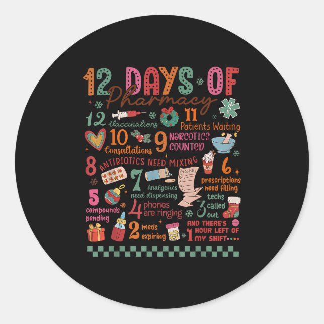 Sticker Rond Pharmacy Christmas Shirt - 12 Days Of Pharmacy Tec (Devant)