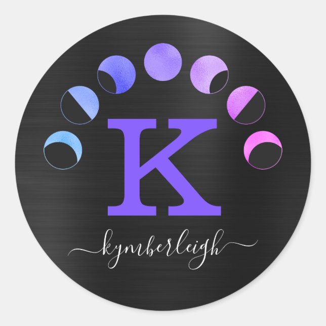 Sticker Rond Phases de la lune Purple rose Turquoise Glam Nom (Devant)