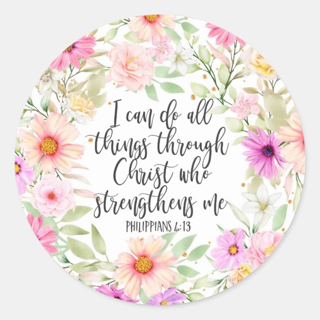 Sticker Rond Philippiens 4:13 Bible Scripture Verse Floral (Devant)