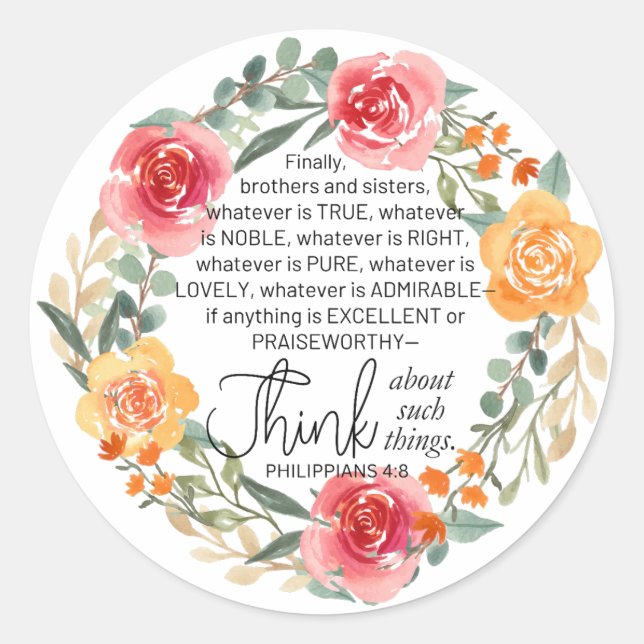 Sticker Rond Philippiens 4:8 Couronne florale rose et jaune (Devant)