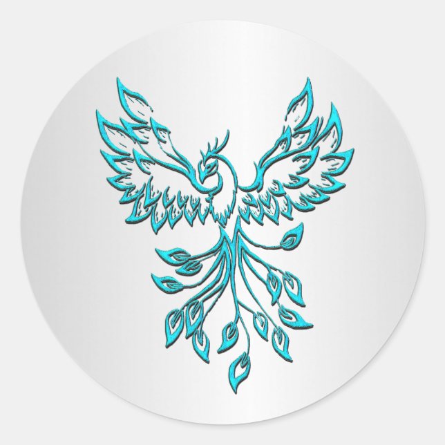 Sticker Rond Phoenix bleu turquoise sur Argent (Devant)