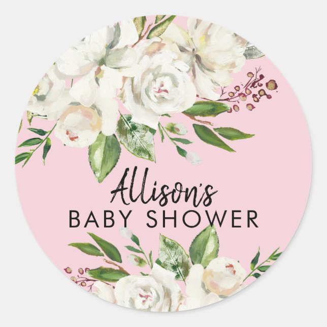 Sticker Rond Phoque Baby shower à enveloppe de Rose blanche Fil (Devant)