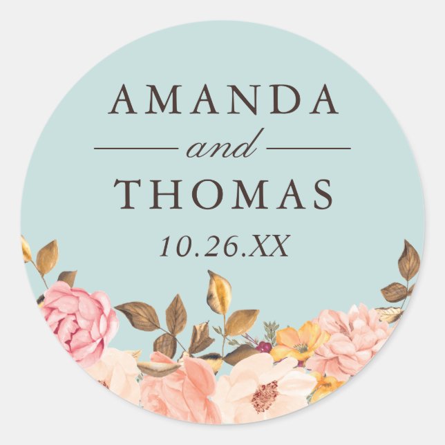 Sticker Rond Phoque Mariage Aqua Blue Blush Floral (Devant)